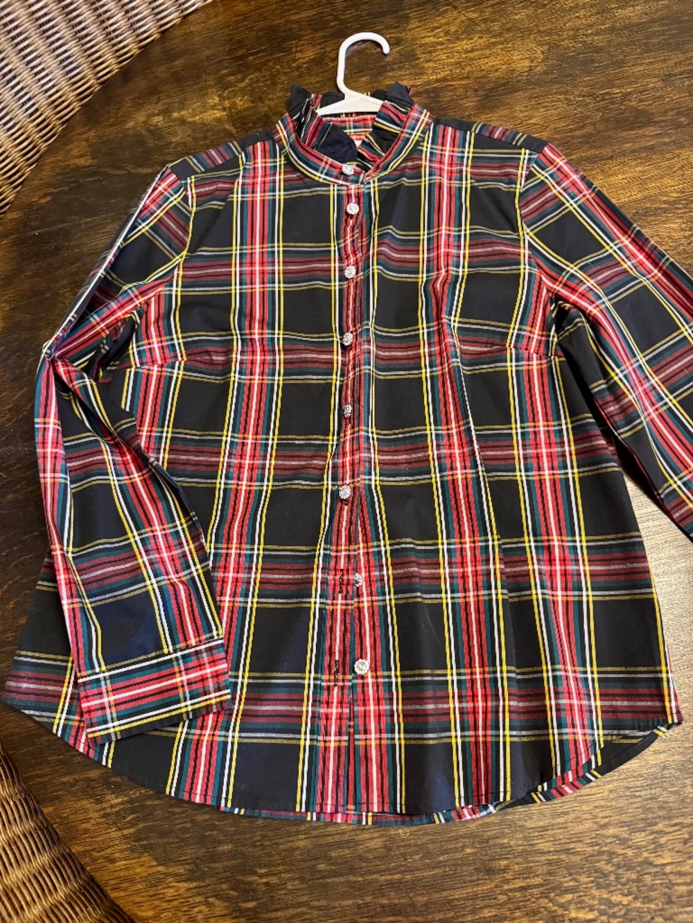 J Crew large tartan blouse with jeweled buttons